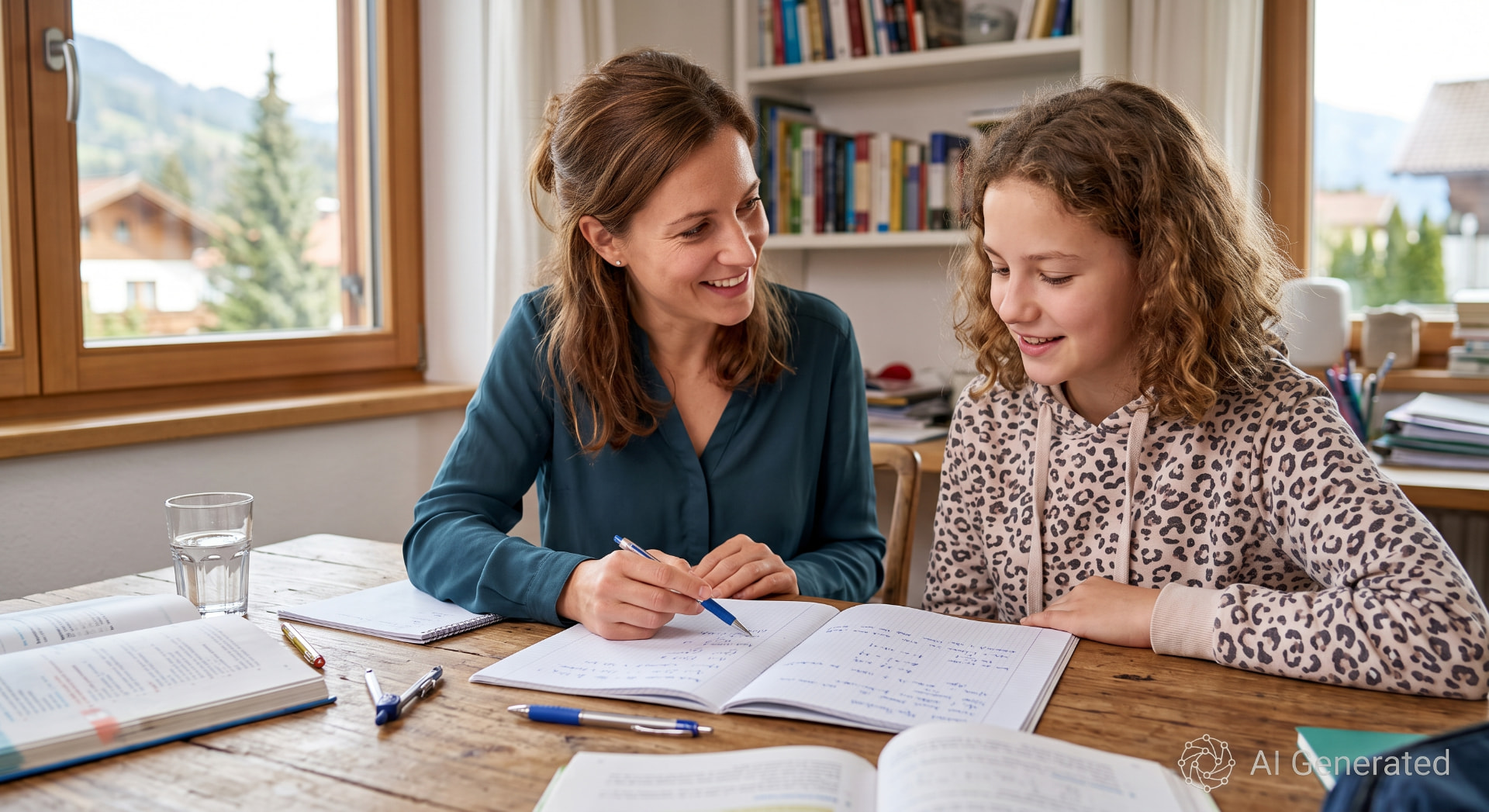 Nachhilfelehrerin erklärt einer Schülerin eine Aufgabe, beide schauen gemeinsam ins Heft